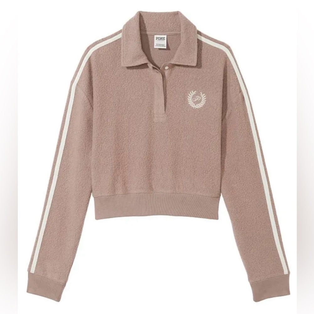 PINK Reverse Fleece Cropped Polo Sweatshirt